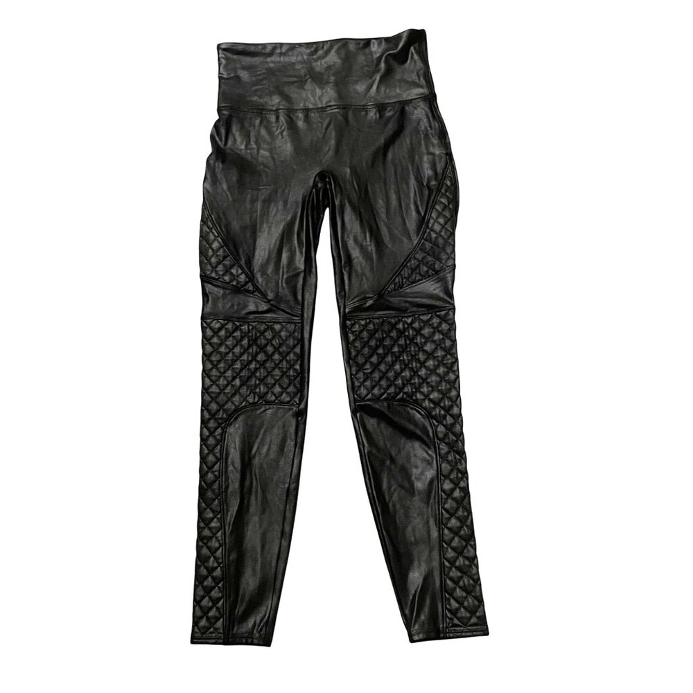 Spanx Quilted Faux Leather Shiny Moto Leggings Women's Size Large Black - Picture 2 of 13